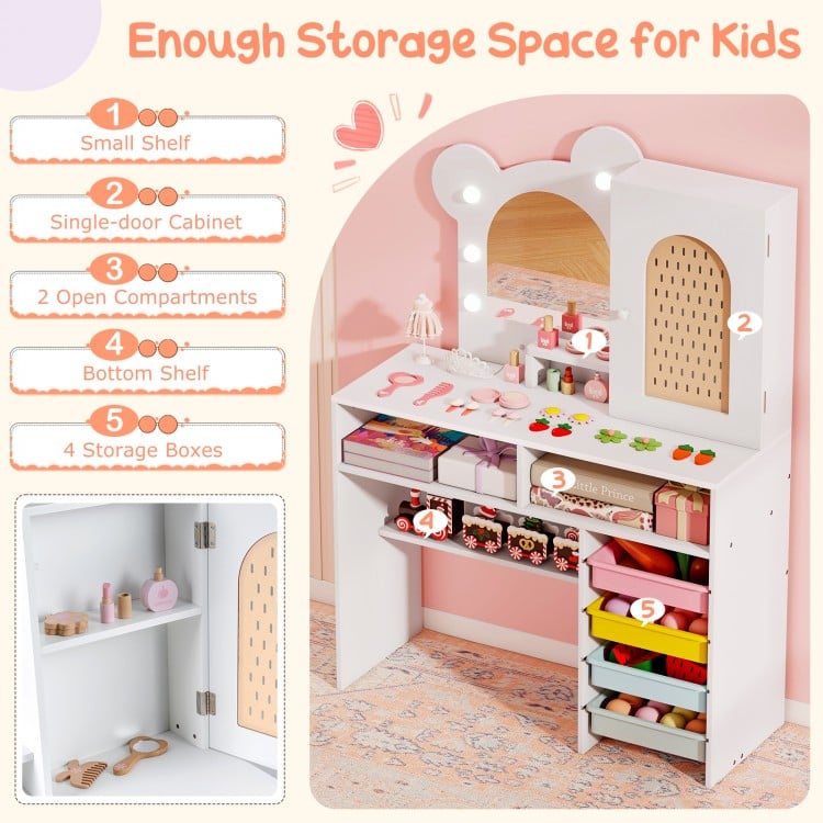 Kids Vanity with Lights and 5 Drawers for Kids Aged 3+ Years Old-White