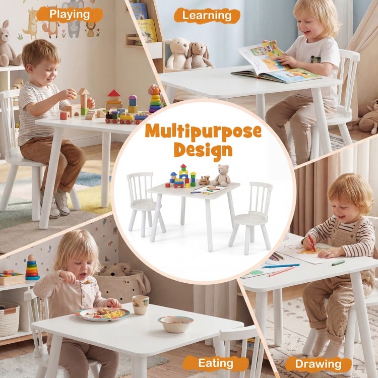 Kids Wooden Table and Chairs Set 3-Piece Toddler Furniture with Pine Wood Frame-White