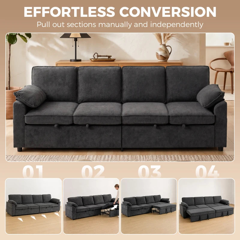 4-Seat Sectional Sofa Bed with Double Pull-Out Sleeper – Dark Grey Chenille