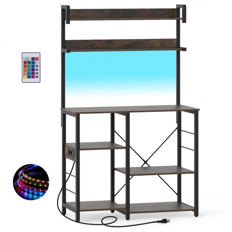 Kitchen Bakers Rack with Power Outlet 5-Tier Microwave Oven Stand with LED Lights-Rustic Brown