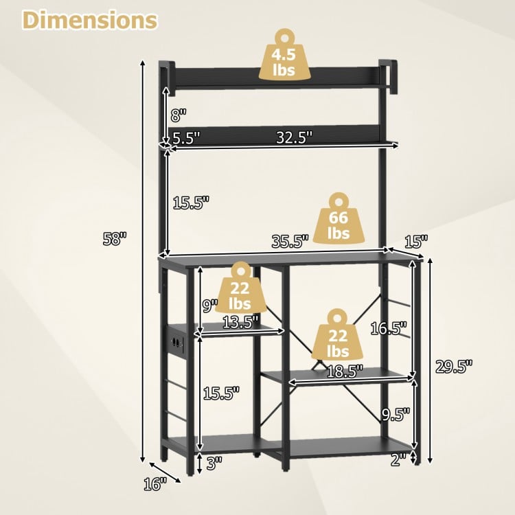 Kitchen Bakers Rack with Power Outlet 5-Tier Microwave Oven Stand with LED Lights-Black