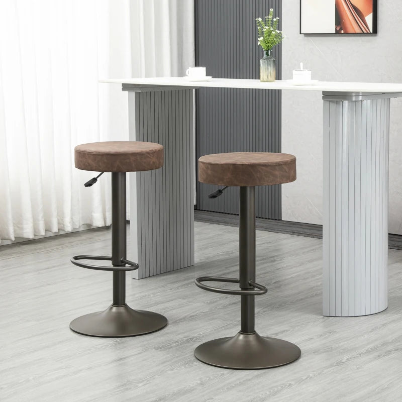 Modern Adjustable Bar Stools Set of 2, Swivel Barstool with Footrest, PU Leather Round Top for Kitchen, Brown