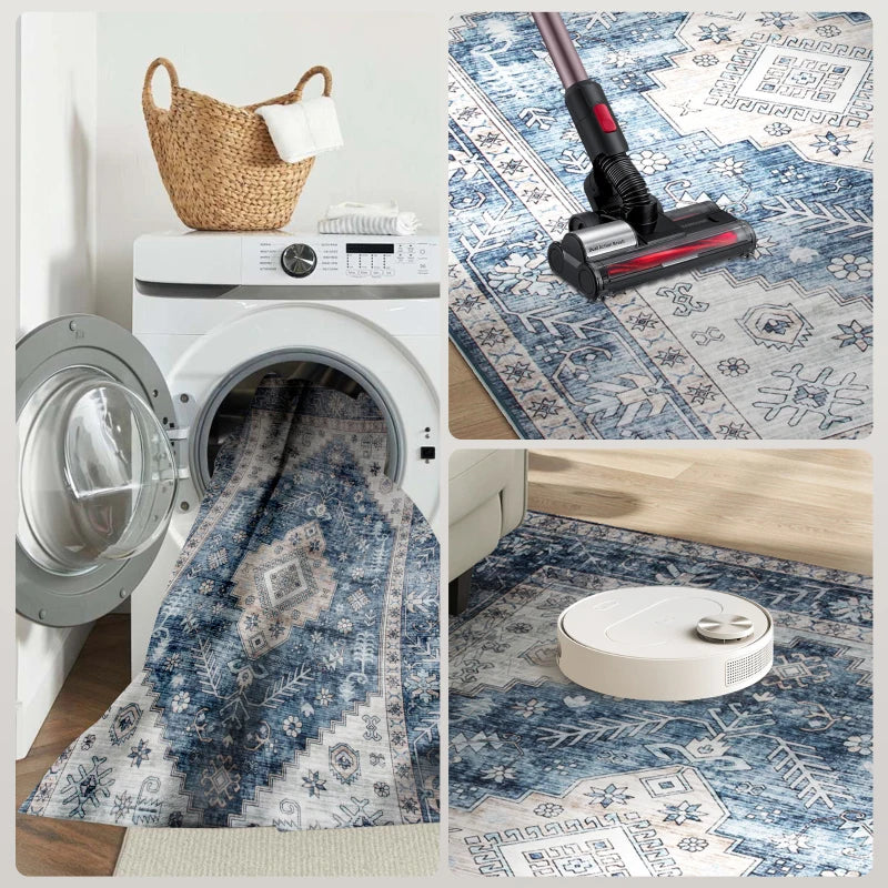 8x10 Area Rug, Vintage Machine Washable Rug, Non-Slip Floor Carpet for Living Room, Bedroom, Dining Room, Blue