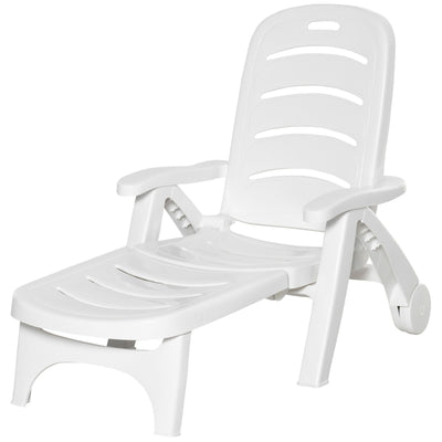 Outsunny Outdoor Folding Chaise Lounge Chair with Wheels, 5 Level Adjustable Backrest for Pool, Beach, Patio, Garden, White 