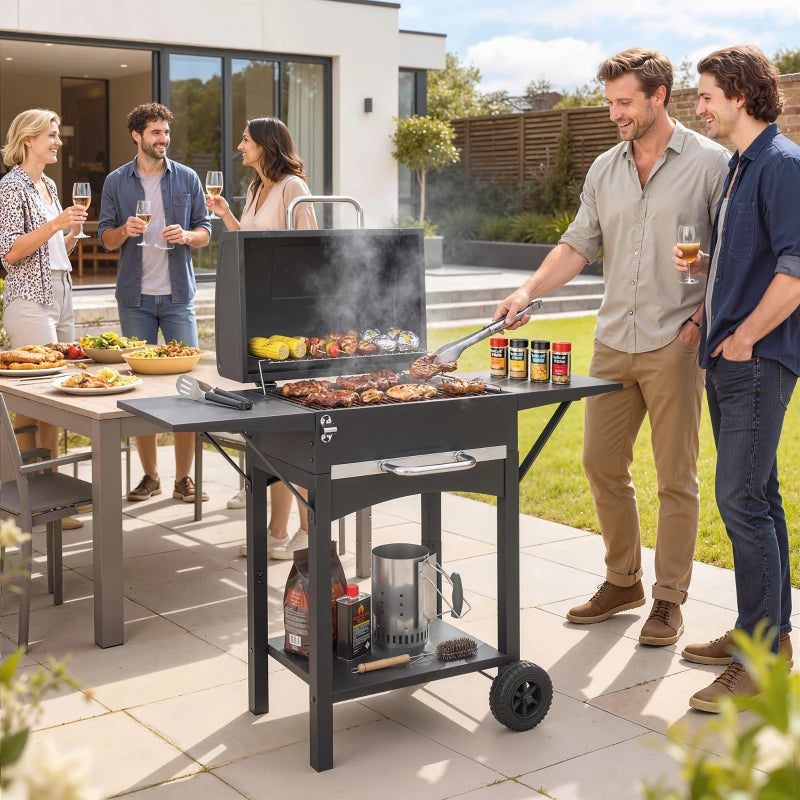 Charcoal Grill with 2 Side Tables, Barbecue Grill with Thermometer and Warming Rack, Wheels, 43.3"x18.3"x39.8", Black