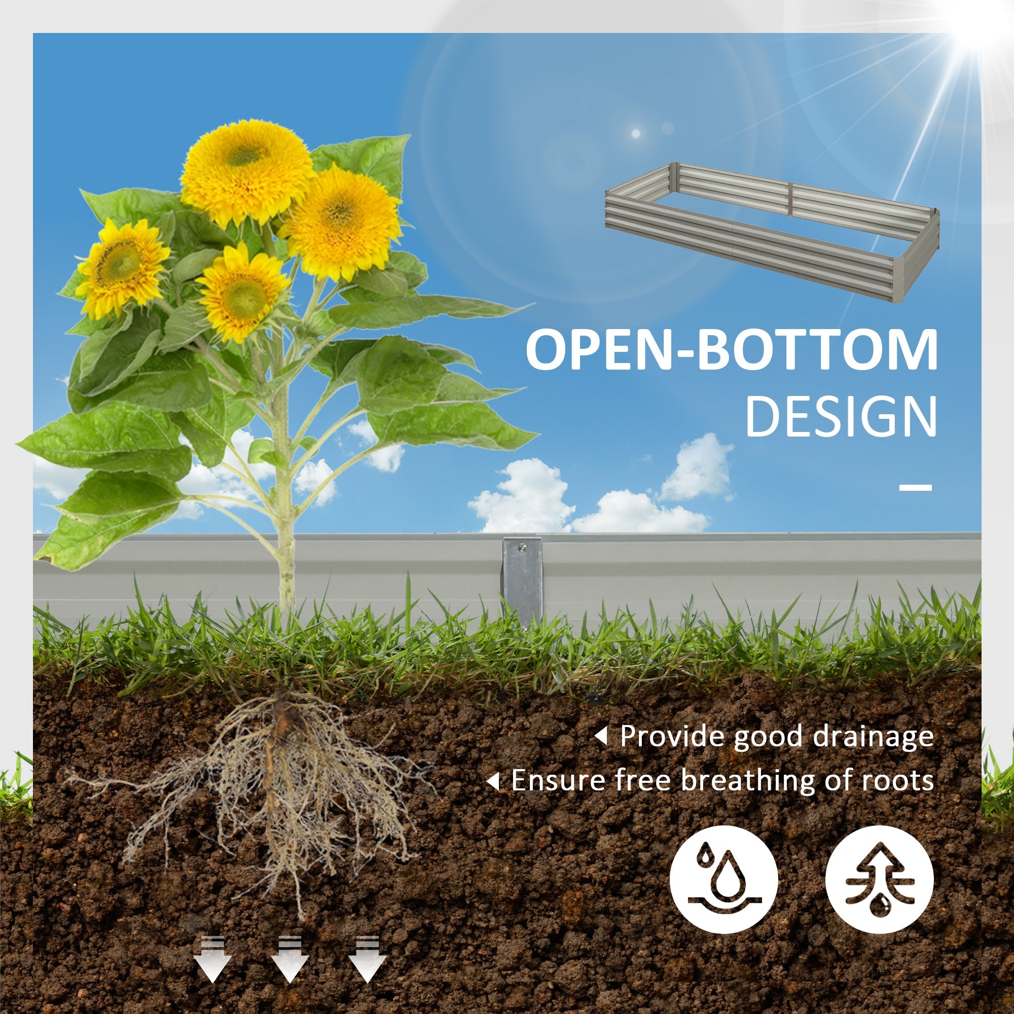Outsunny 95"x36"x12" Galvanized Raised Garden Bed Metal, Elevated Planter Box for Flowers, Herbs, in Silver 
