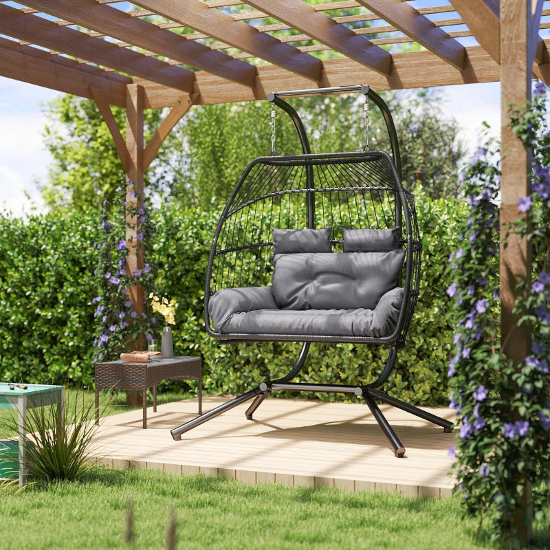 Double Wicker Egg Swing Chair with Stand, Foldable Hanging Egg Chair with UV Resistant Cushion, Headrest, Dark Grey