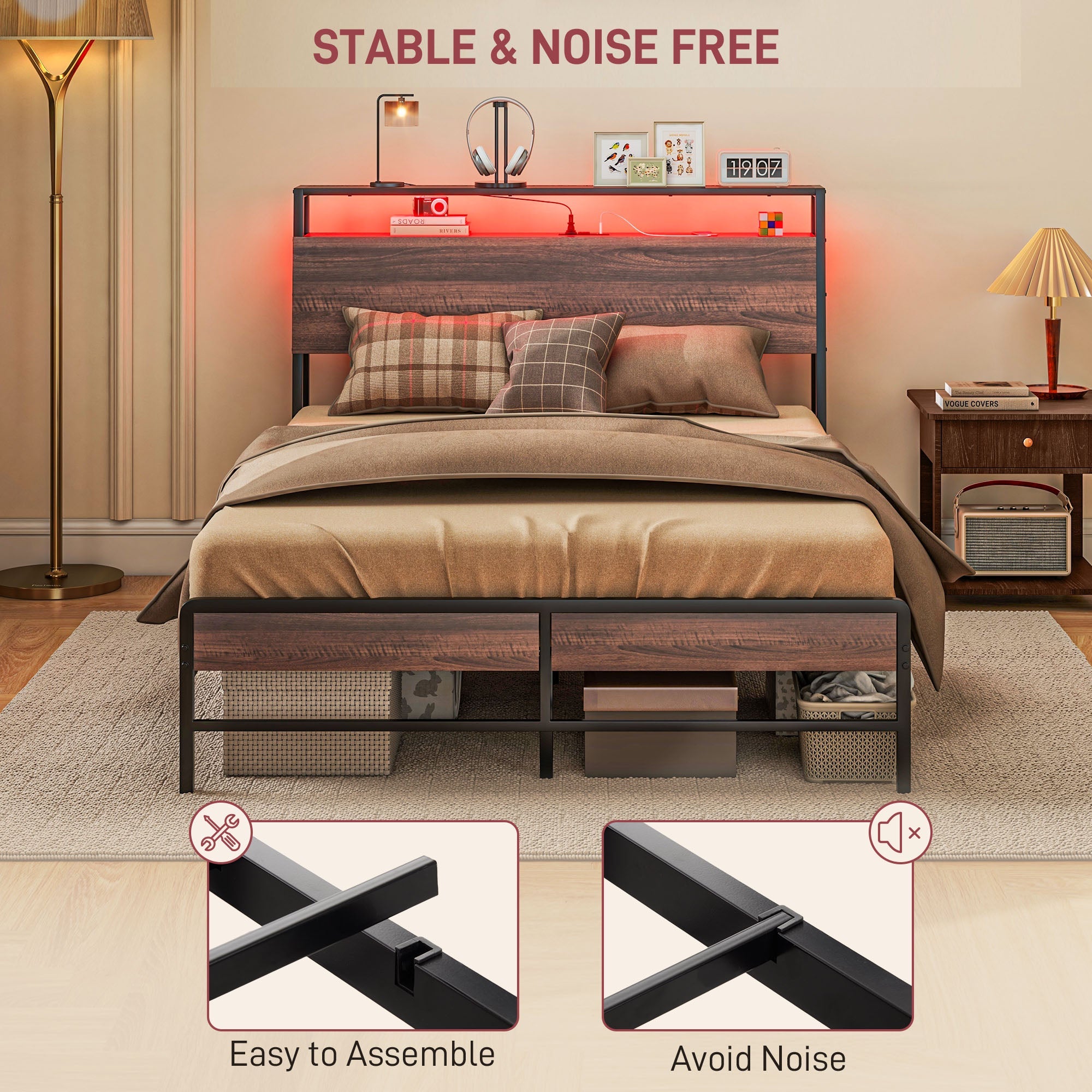 HOMCOM Full Size Bed Frame with LED Lights and Charging Station, Full Bed Frame with Storage Headboard, Noise-Free, Walnut 