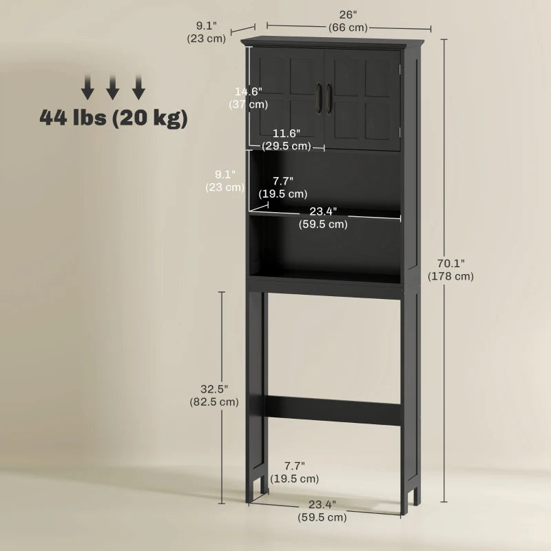 Modern Over The Toilet Storage, Bathroom Cabinets Over Toilet with Open Shelves and Double Door Cabinet, Black