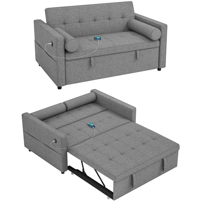 Pull Out Sofa Bed, Sleeper Sofa Couch with USB Ports, Small Linen Loveseat Futon Couch for Living Room, Grey
