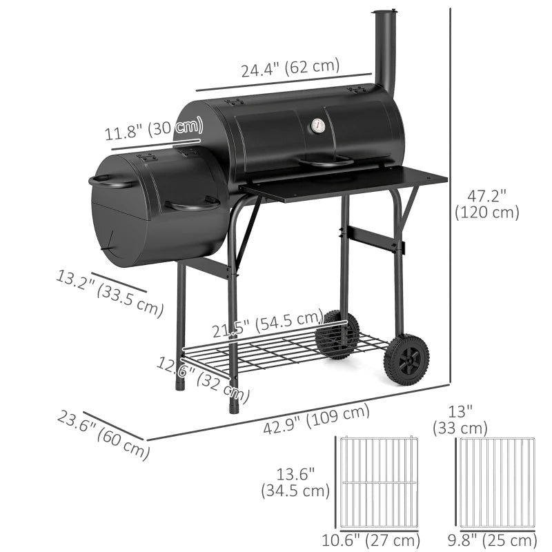 Portable Outdoor Charcoal BBQ Grill with Offset Smoker, Barbecue Grill with Spacious Cooking Area, 2 Shelves, Thermometer, Wheels for Patio Backyard Party, Black