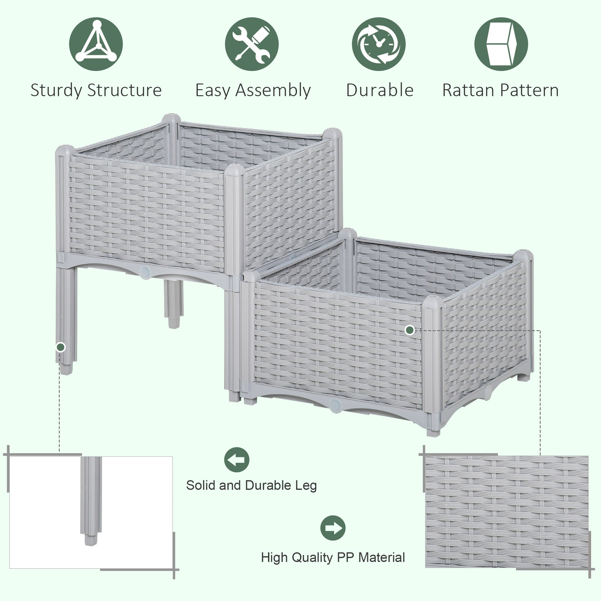 Outsunny 2 Piece Raised Garden Bed PP Raised Flower Bed Vegetable Herb Grow Box Stand Light Grey 