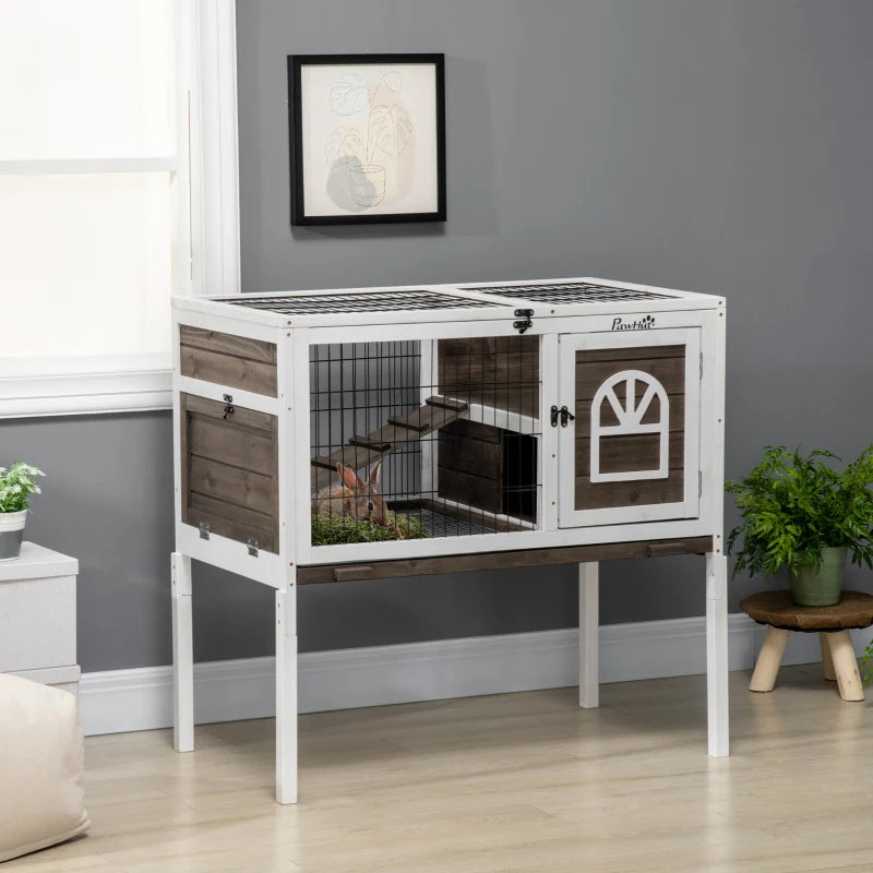 Rabbit Hutch Dual-Height Design Bunny House with Run Slide-Out Tray White and Coffee
