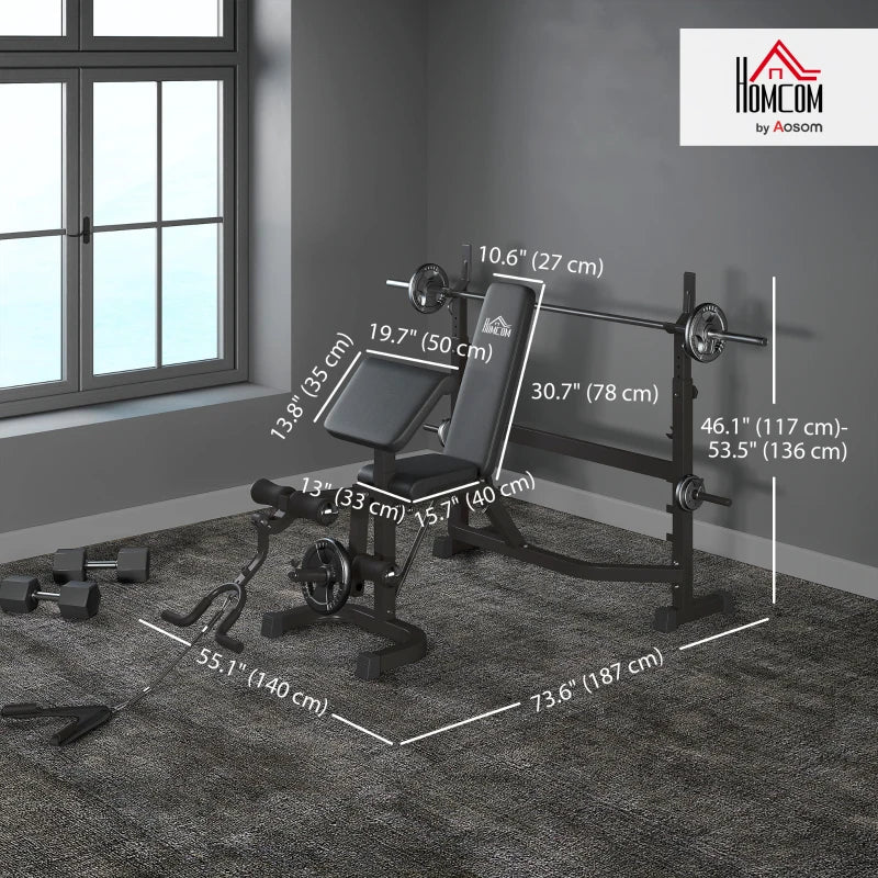 Soozier Weight Bench Stand with Squat Rack, Adjustable Olympic Bench, Multifunctional Arm Curl Pad, Leg Extension, Grey