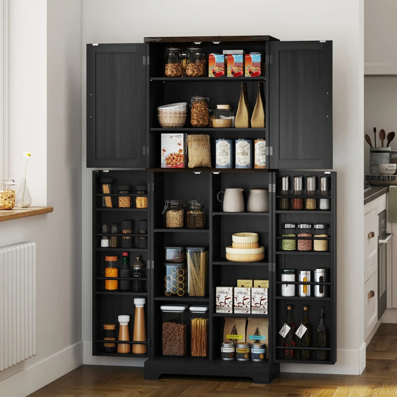 64" Tall Kitchen Pantry Cabinet with Spice Racks and Adjustable Shelves, Black Wood Grain