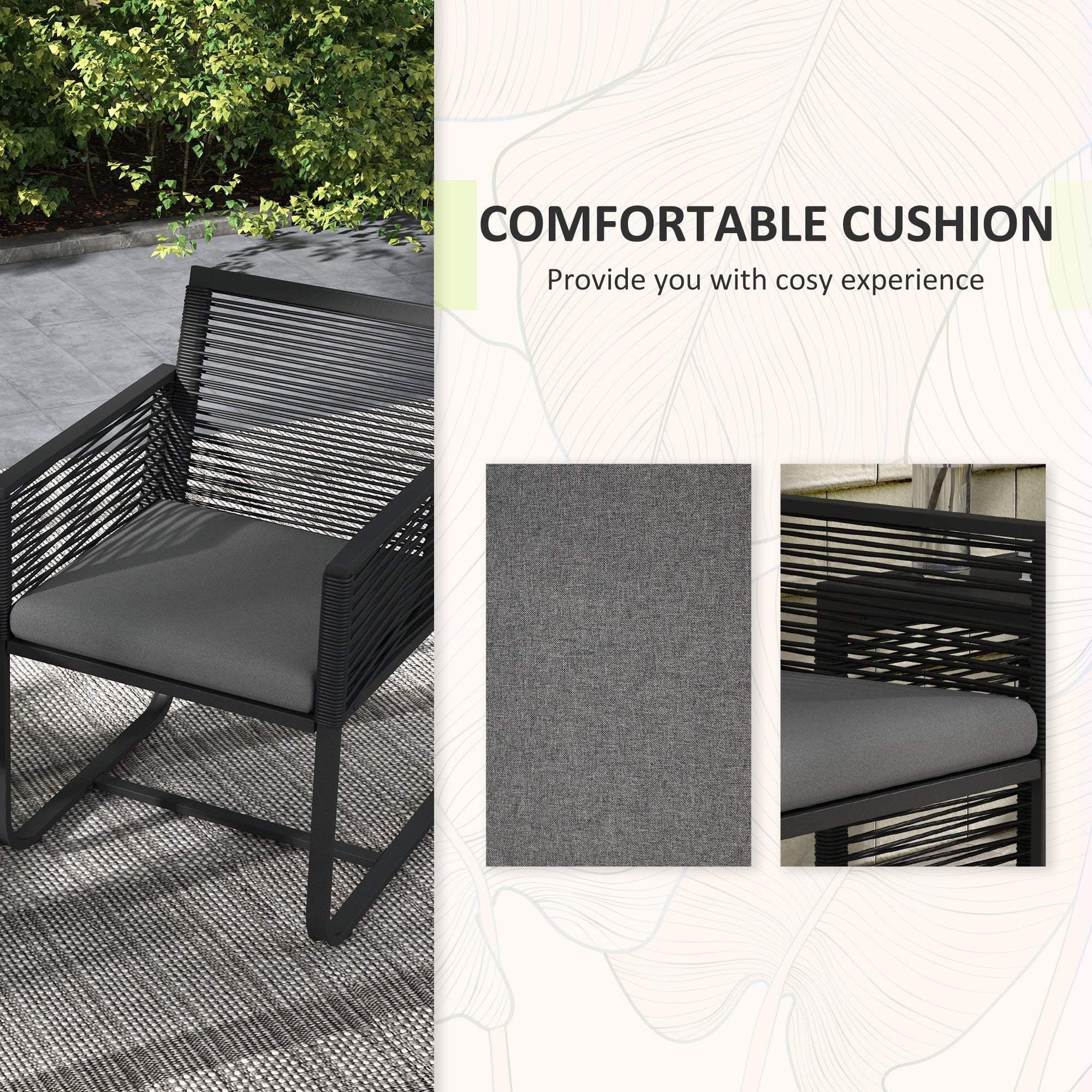 Outsunny 3-Piece PE Rattan Patio Bistro Set with Cushions & Tempered Glass Table, Outdoor Furniture for Garden, Black 
