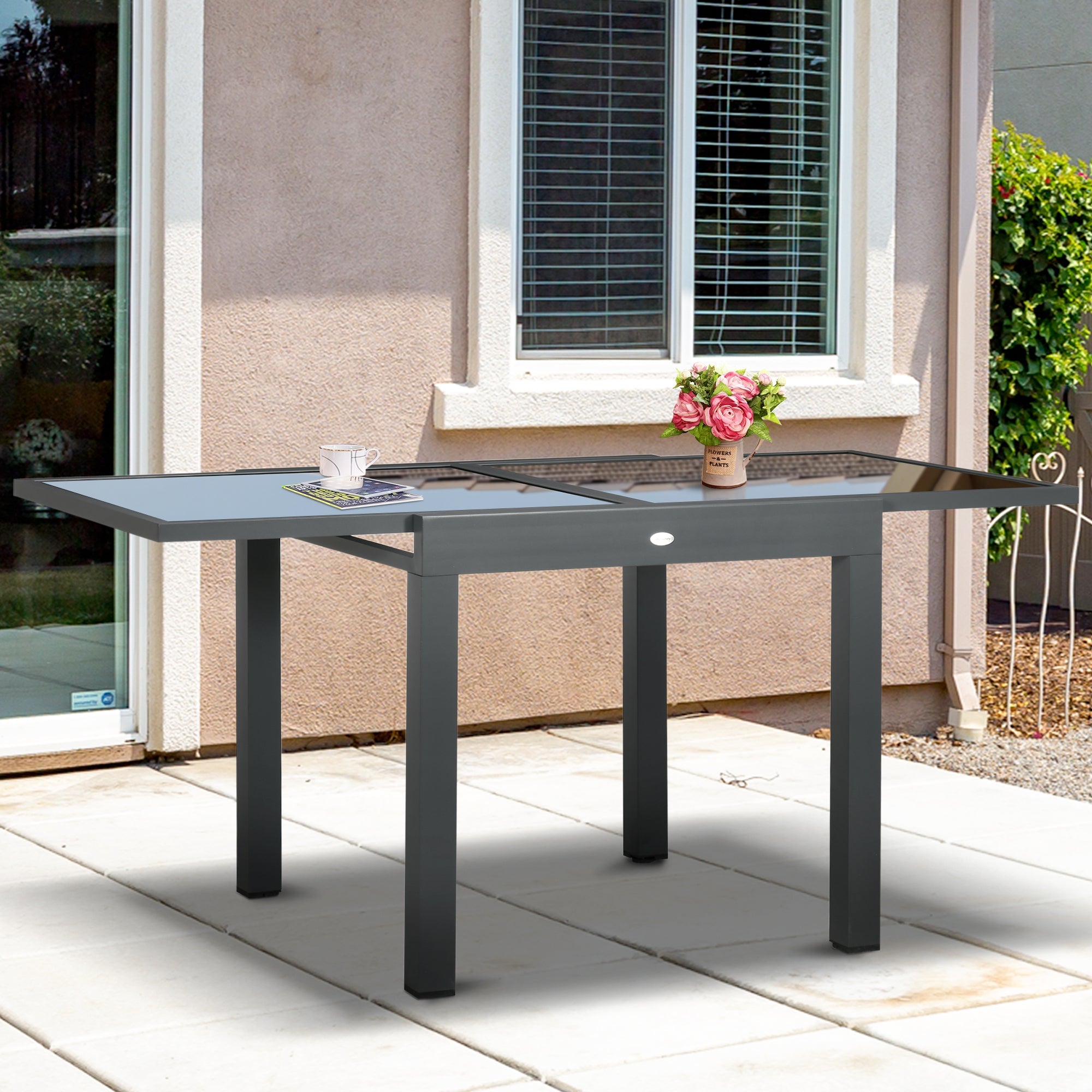 Outsunny 63" Extendable Dining Table Outdoor Patio Rectangular Aluminum Frame Tempered Glass Tabletop Black 