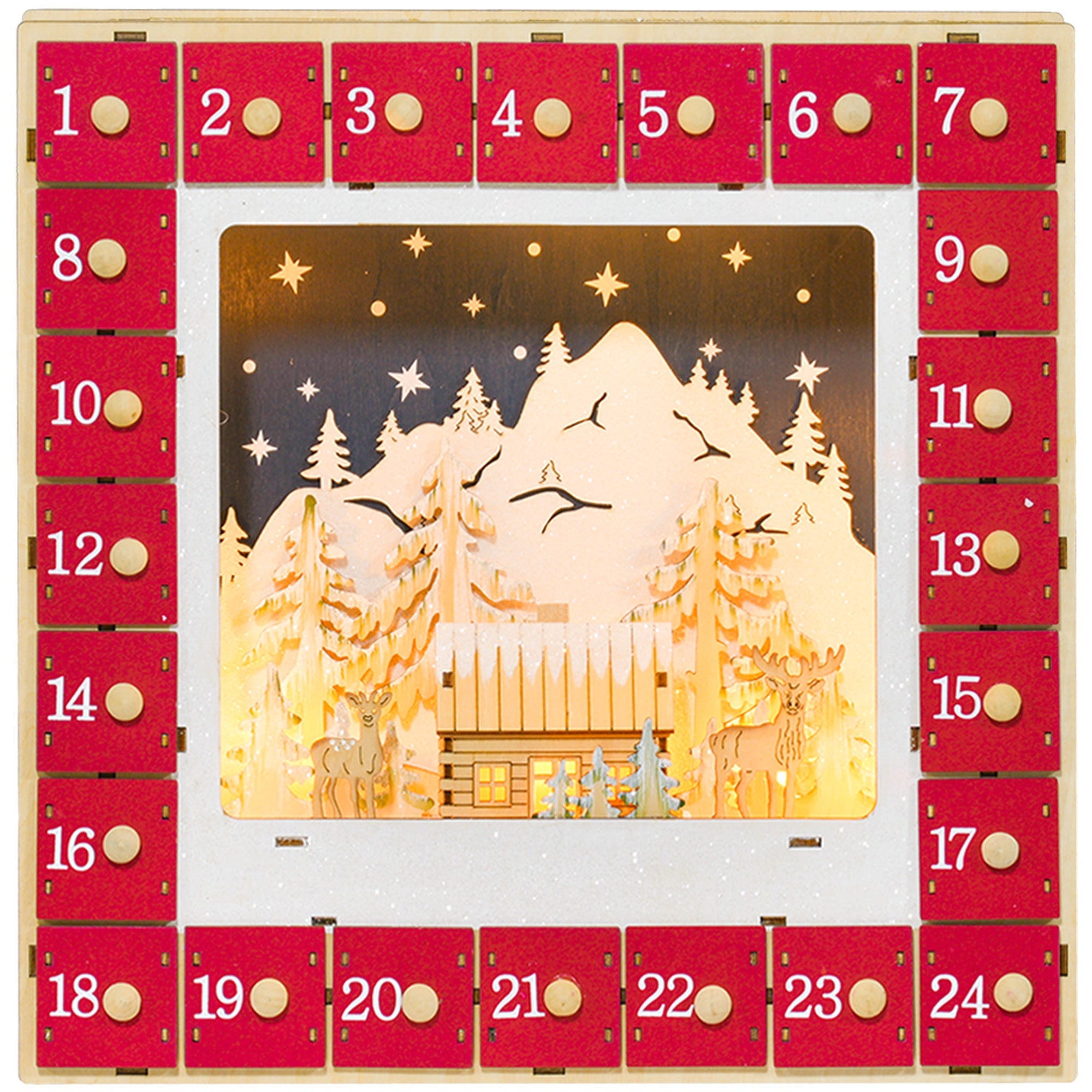HOMCOM Wooden Christmas Advent Calendar, Light Up Holiday Decoration with 24 Countdown Drawers, Battery Operated 