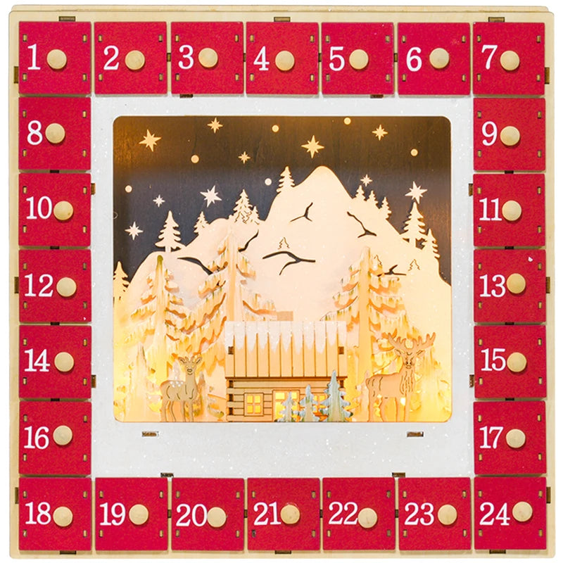 HOMCOM Wooden Christmas Advent Calendar – 24 Fillable Countdown Drawers with LED Lights, Battery Operated, Reusable 