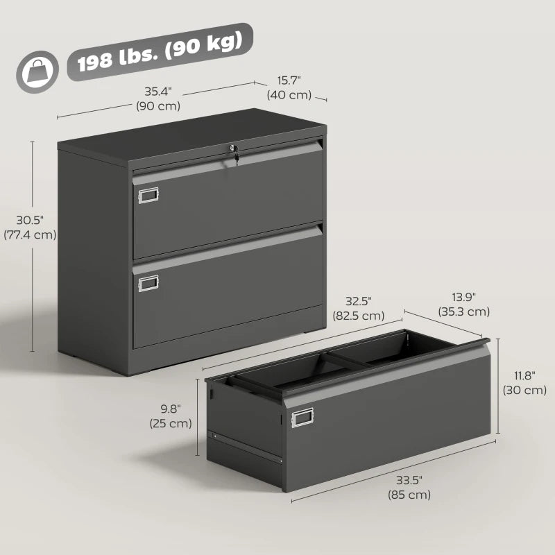 Lateral Filing Cabinet with 2 Drawers, Lockable Steel File Cabinet for A4/Letter/Legal Size Files, Black