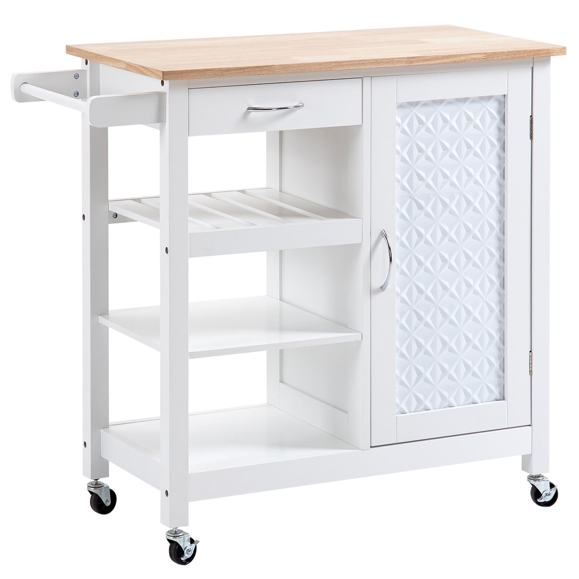 HOMCOM Kitchen Craft: Wheeled Cart with Embossed Door Panel, Storage Drawer, White Utility Island 
