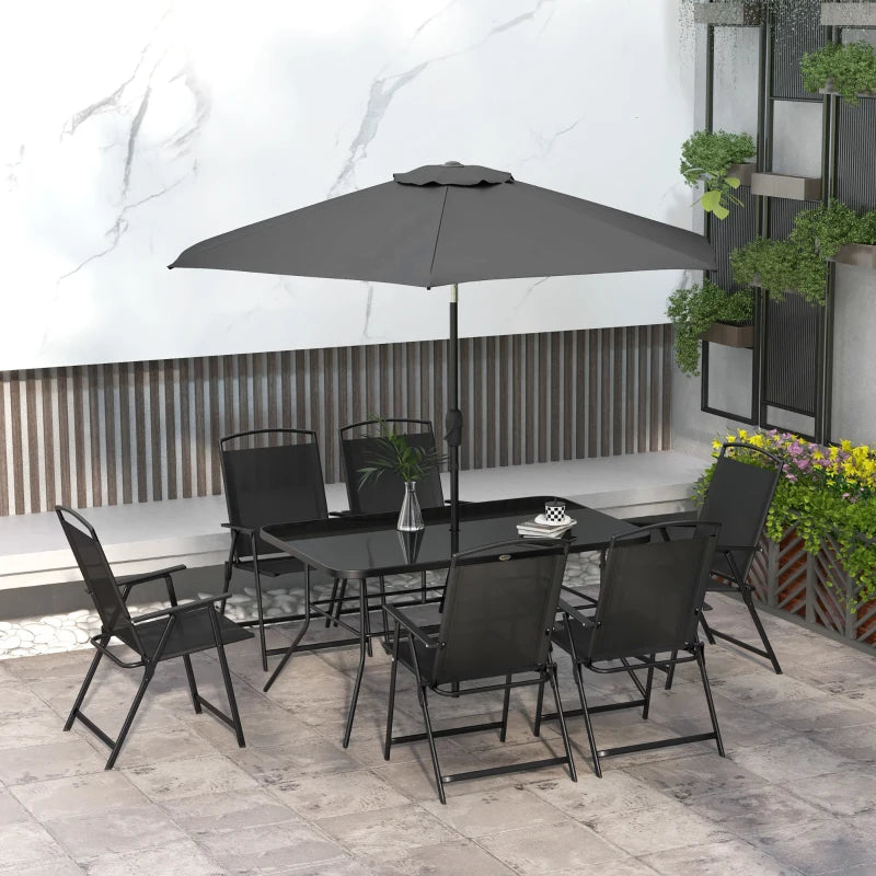 8 Piece Patio Set with Umbrella, 6 Folding Chairs, Rectangle Table, Outdoor Dining Set for 6 with Mesh Seat, Black
