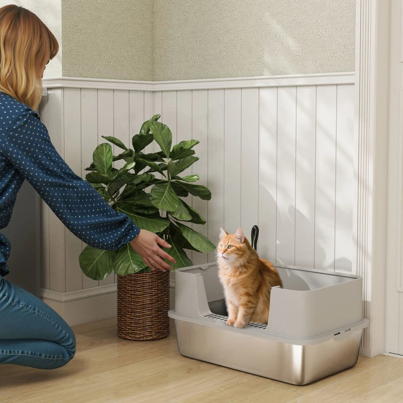 Stainless Steel Litter Box, XL High Sided Cat Litter Box with Scoop, Anti Leakage & Easy to Clean, 24" x 16" x 12", Grey