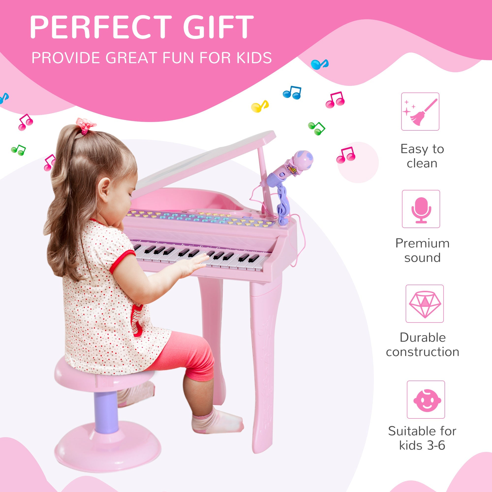 Qaba Mini Electronic Piano: 37-Key Keyboard, Multifunctional Musical Toy with Microphone, Stool for Kids - Pink 