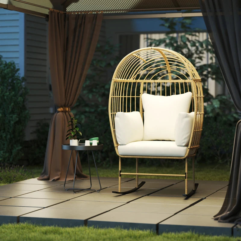 Oversized Rocking Chair, Indoor Outdoor Egg Chair w/ Thickened Cushions, Wicker Patio Lounger for Porch, Balcony, Beige