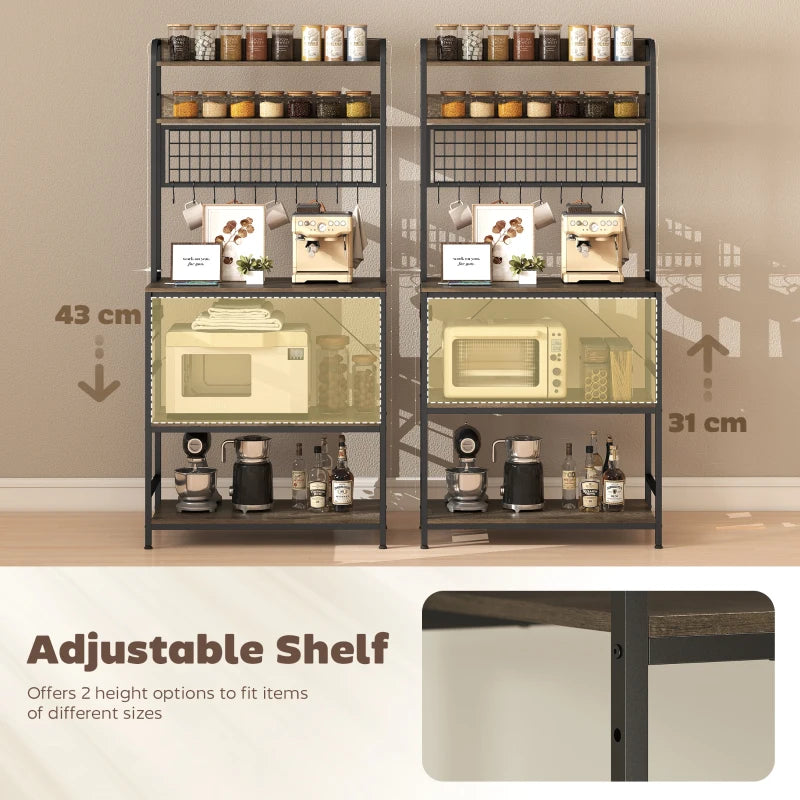 Kitchen Baker's Rack with Power Outlet and LED Light, 5-Tier Coffee Bar Station with 10 Hooks, Grey