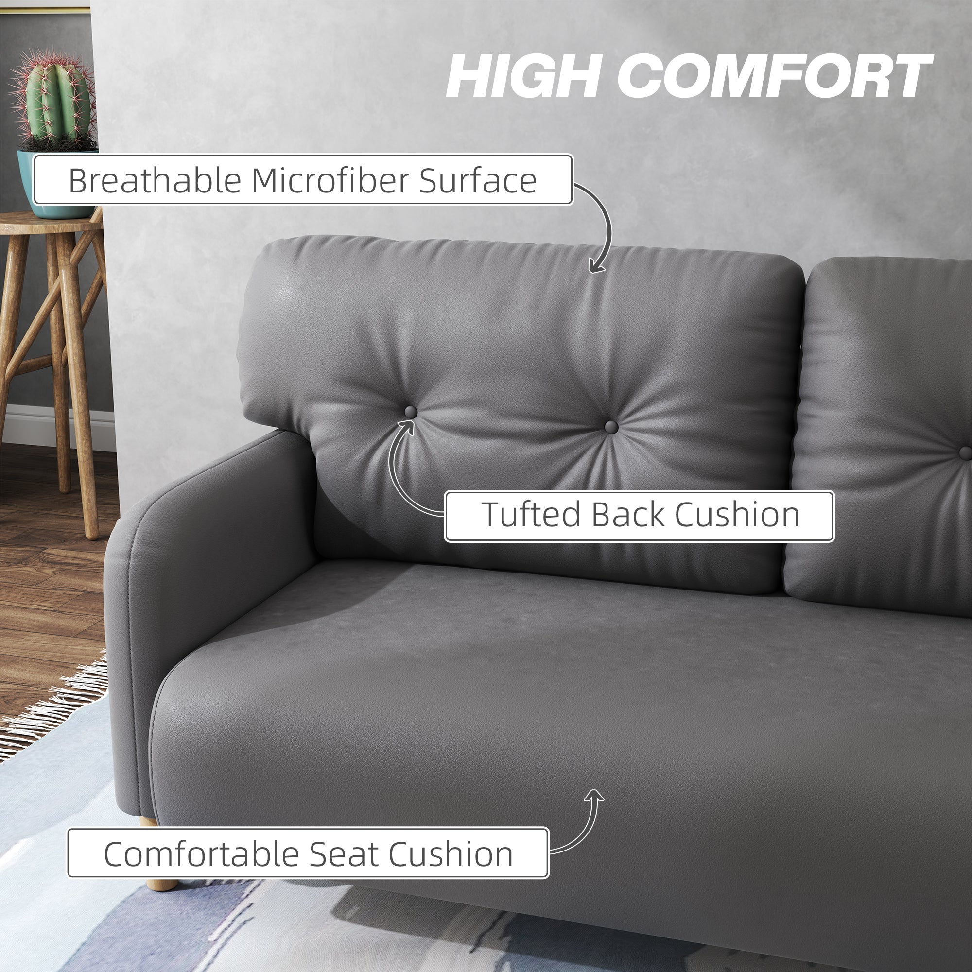 HOMCOM Loveseat Sofa 58" 2 Seat Modern Upholstered 2 Seater Couch Solid Wood Frame Grey Furniture 