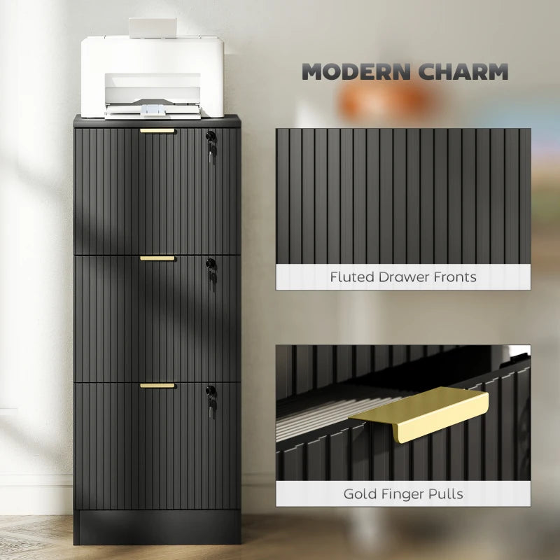 Lockable Filing Cabinet with 3 Fluted Drawers, File Cabinet with Adjustable Hanging Rails for A4 Letter Files, Black