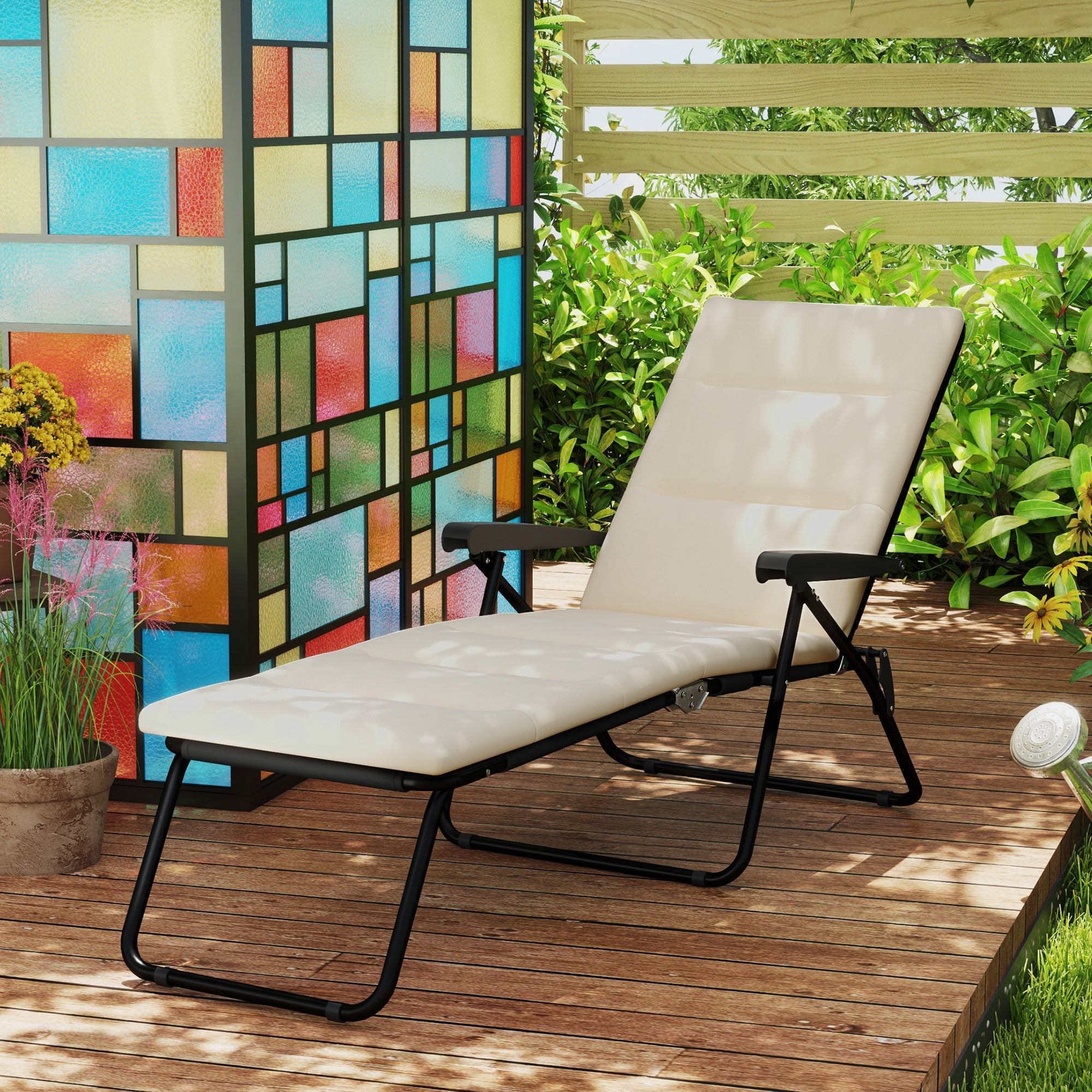 Outsunny Foldable Lounge Chair, Reclining Patio Sun Lounger with 6-Position Adjustable Back, Beige 