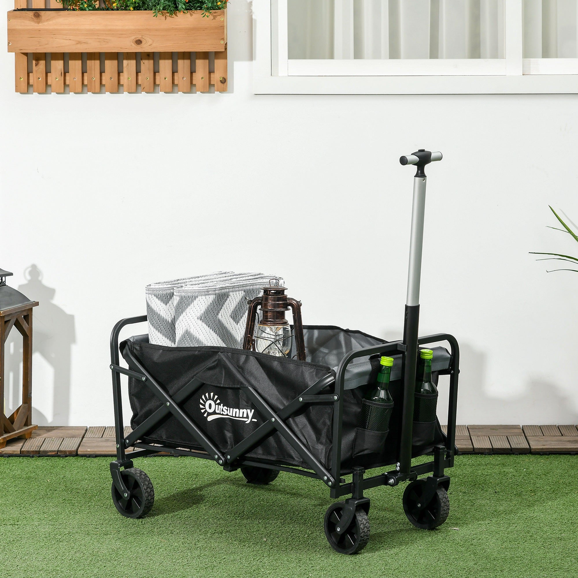 Outsunny Steel Frame Folding Garden Cart, Collapsible Wagon with Telescopic Handle and All-Terrain Wheels 