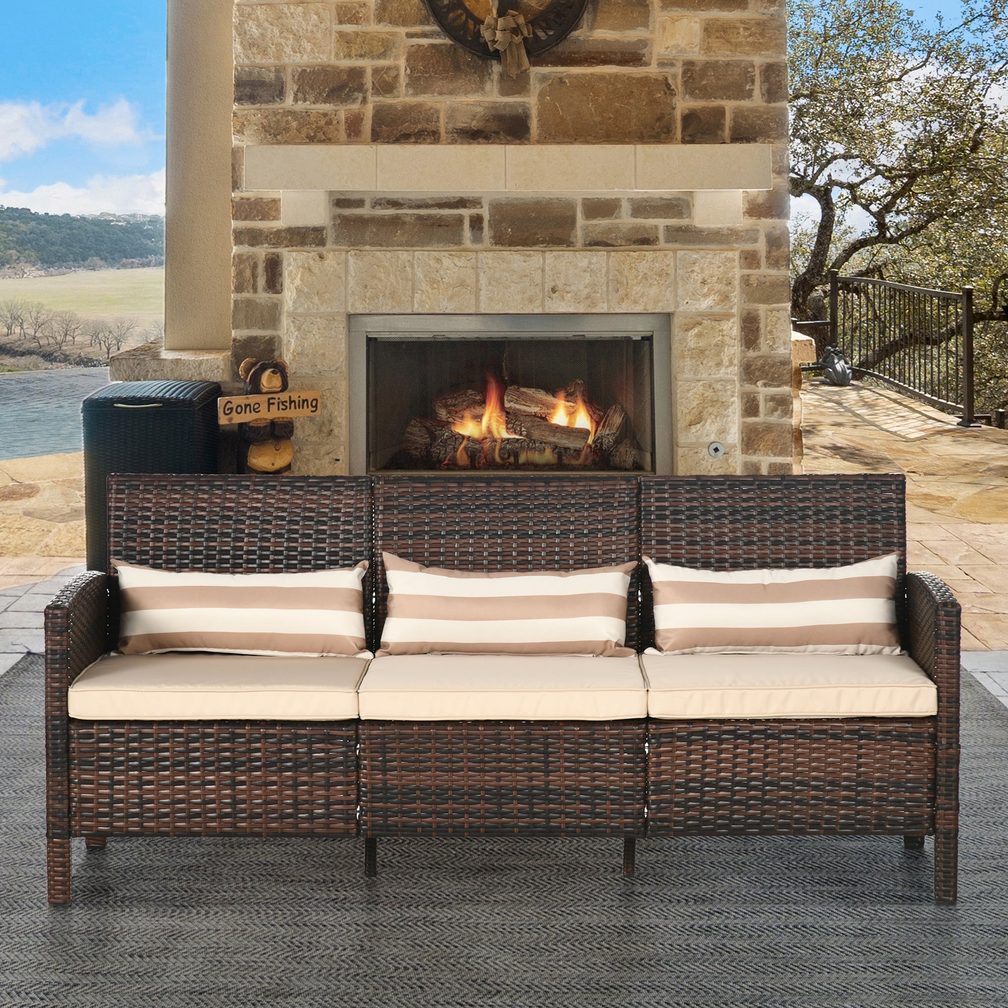 Outsunny 3-Seater Wicker Sofa, PE Rattan Outdoor Couch Conversation Furniture with Removable Cushions for Patio, Garden, Brown 