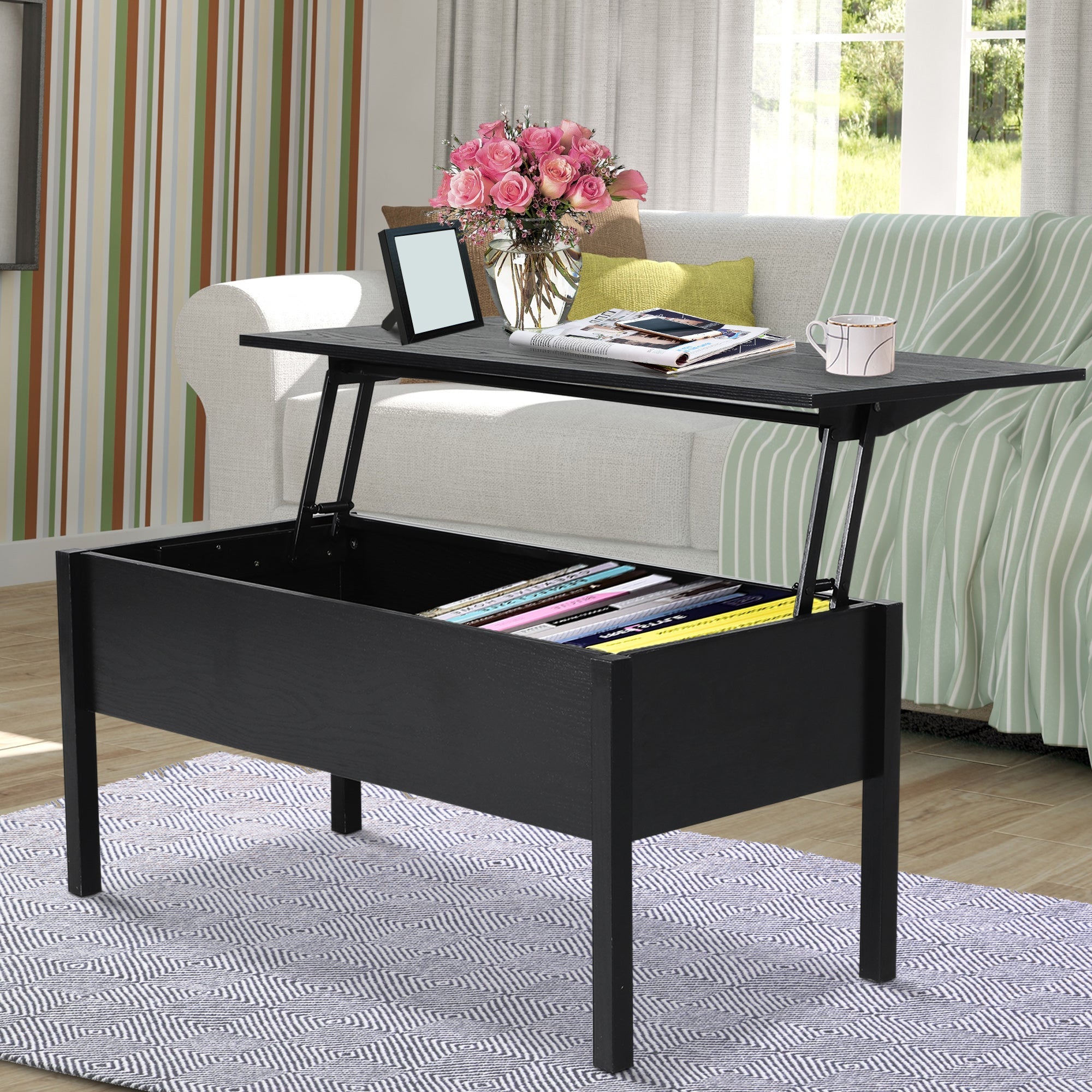 HOMCOM Black 39" Modern Lift Top Coffee Table: Center Table with Hidden Storage Compartment for Living Room 