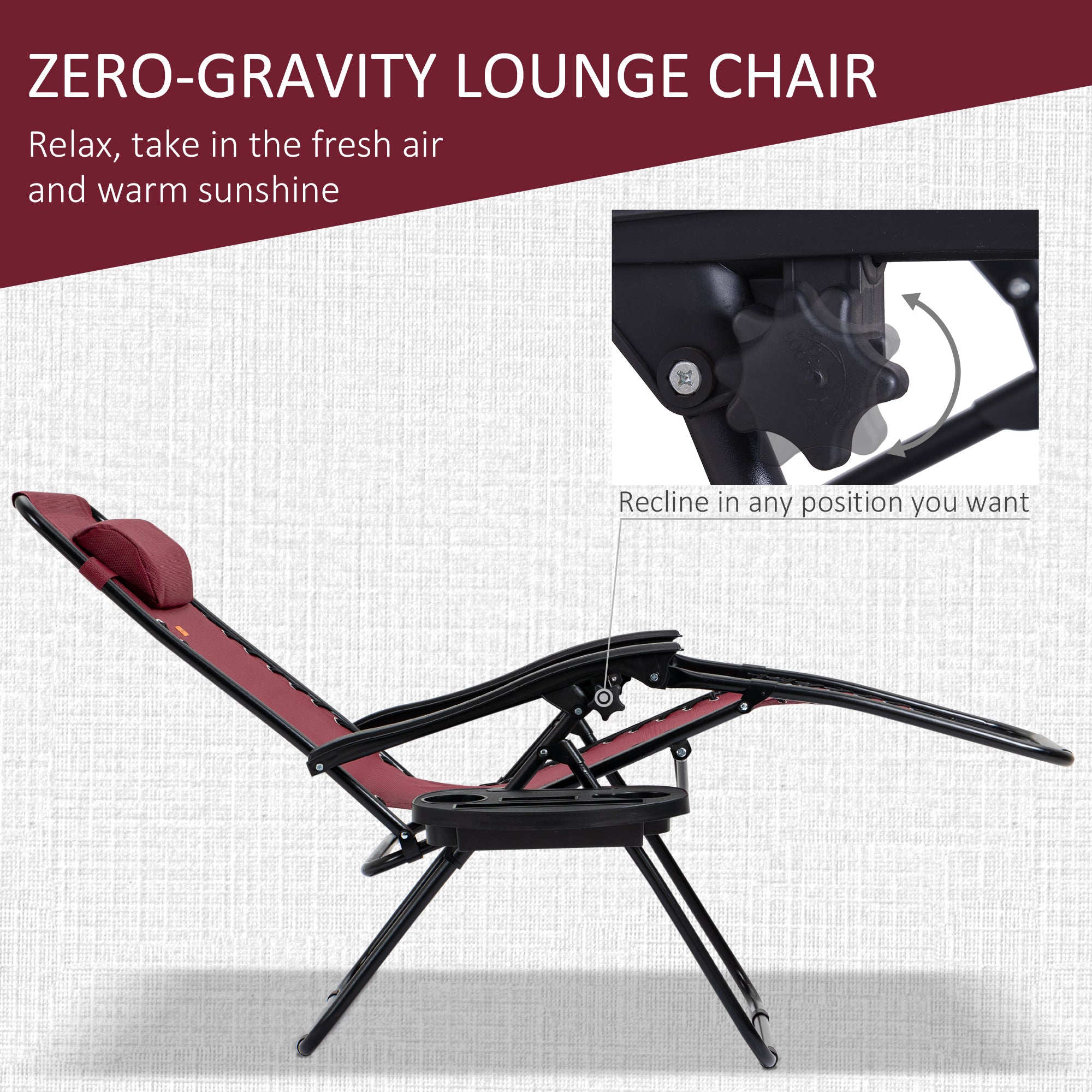 Outsunny Zero Gravity Chair Set of 2 Patio Chair with Side Table Cupholders and Pillows for Pool, Backyard, Lawn, Beach, Red 