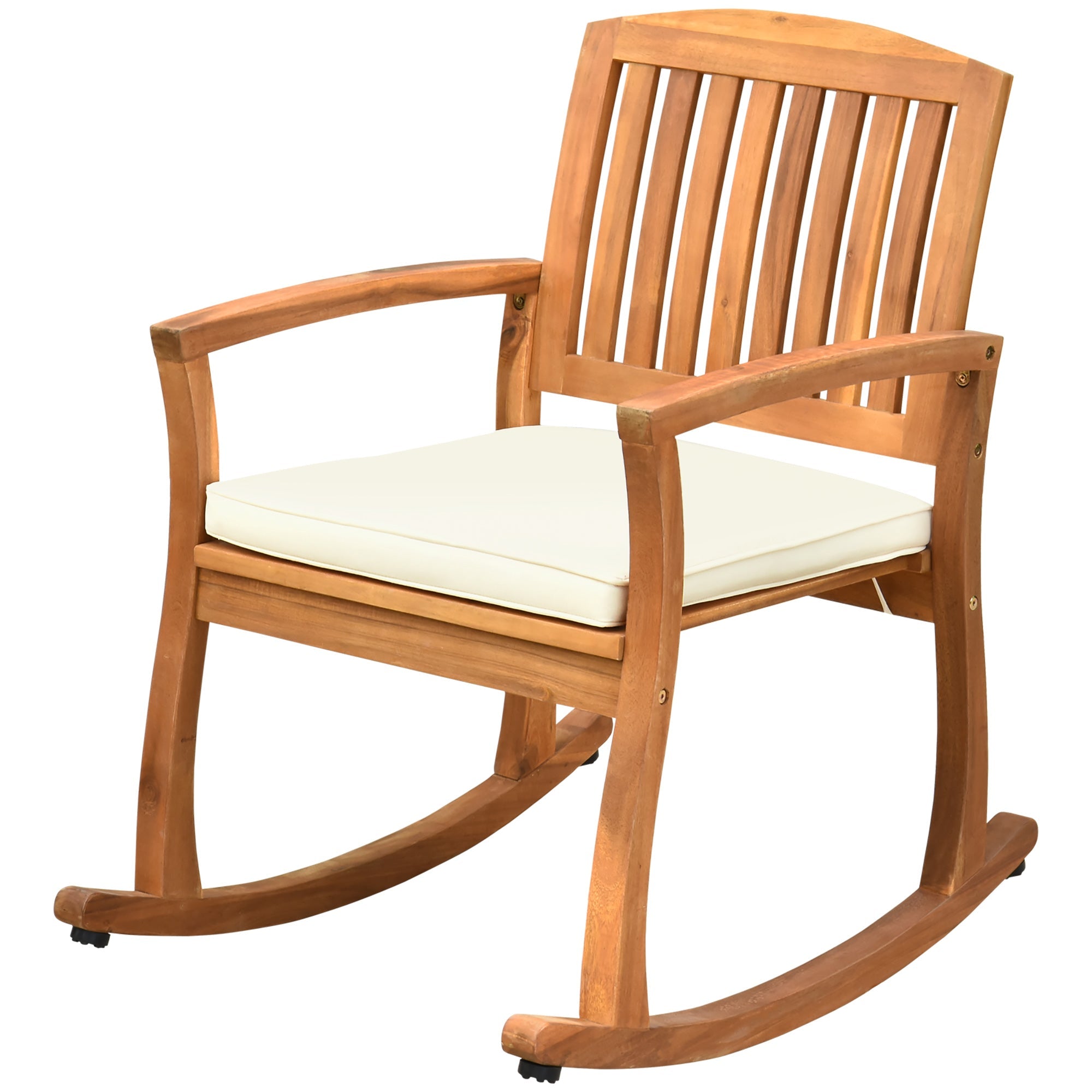 Outsunny Patio Rocking Chair, Indoor Outdoor Wooden Porch Rocker with Cushion for Deck, Balcony, Garden, Patio, Teak 
