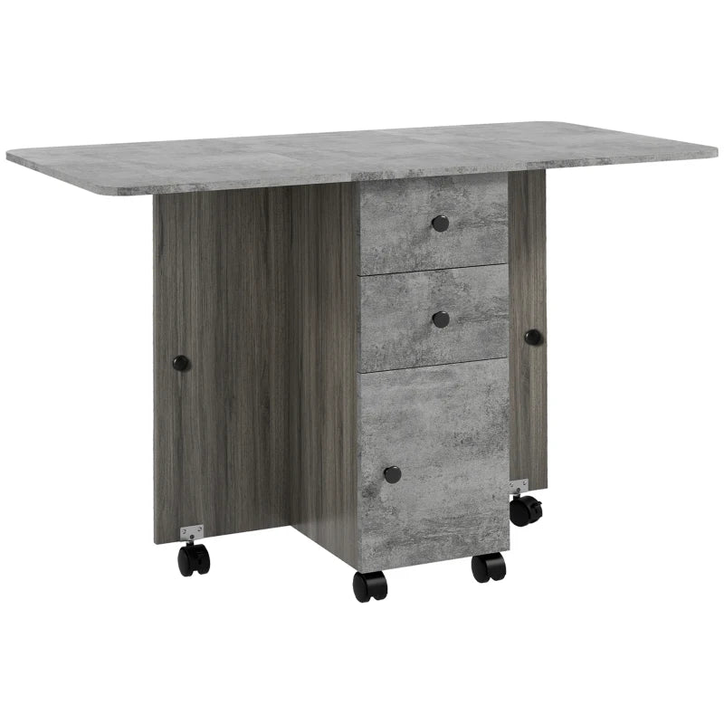 Drop Leaf Dining Table, Mobile Folding Table on Wheels with Drawers and Cabinet for Dining Room, Kitchen, Grey