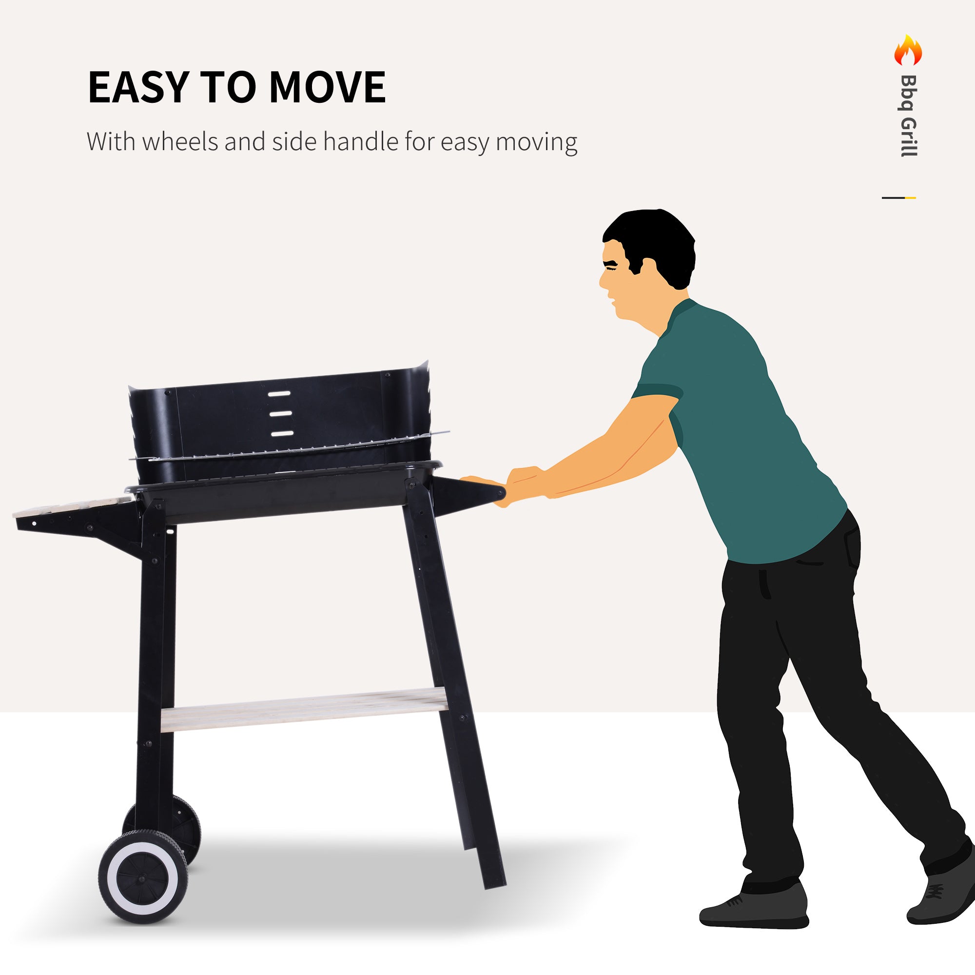 Outsunny Charcoal BBQ Grill Trolley with Side Trays & Storage - Outdoor Patio Garden Smoker, Heating, Portable with Wheels 