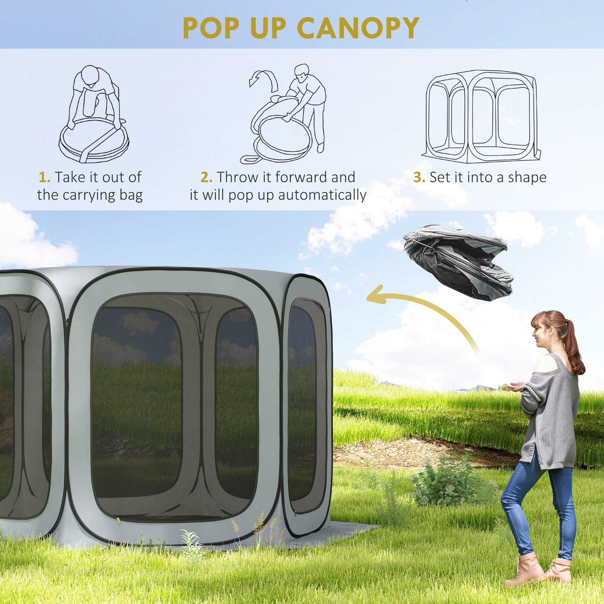 Outsunny 11 x 11ft Screen House, UPF50+ Portable Camping Tent with Bug Net & Carry Bag for Outdoor Leisure, Light Grey 