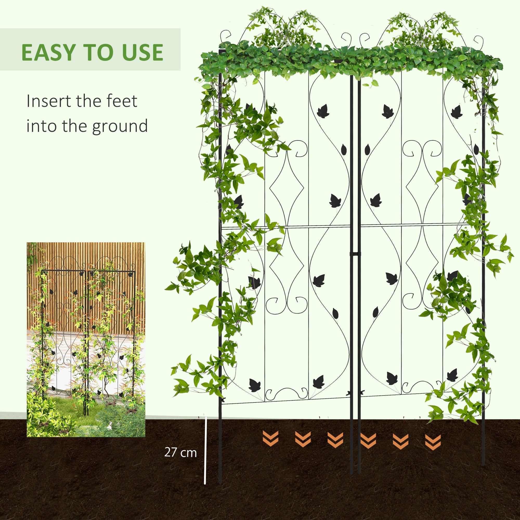 Outsunny Metal Trellis Set of 2, Garden Trellis for Climbing Plant Support Frames, Leaf Design 