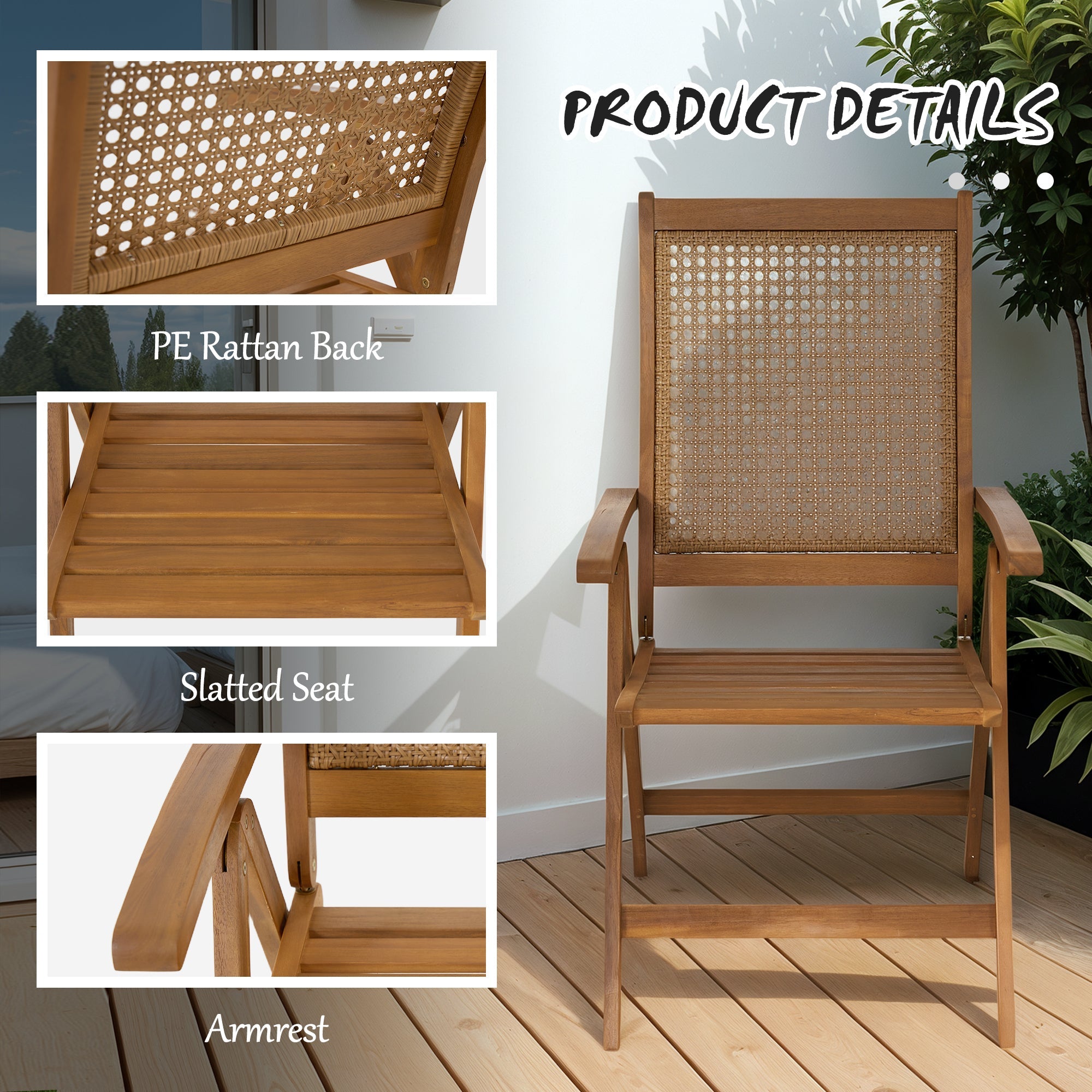Outsunny Outdoor Folding Chair with Adjustable Back, Wood Foldable Camping Chair with Slatted Seat, Armrest, Teak 
