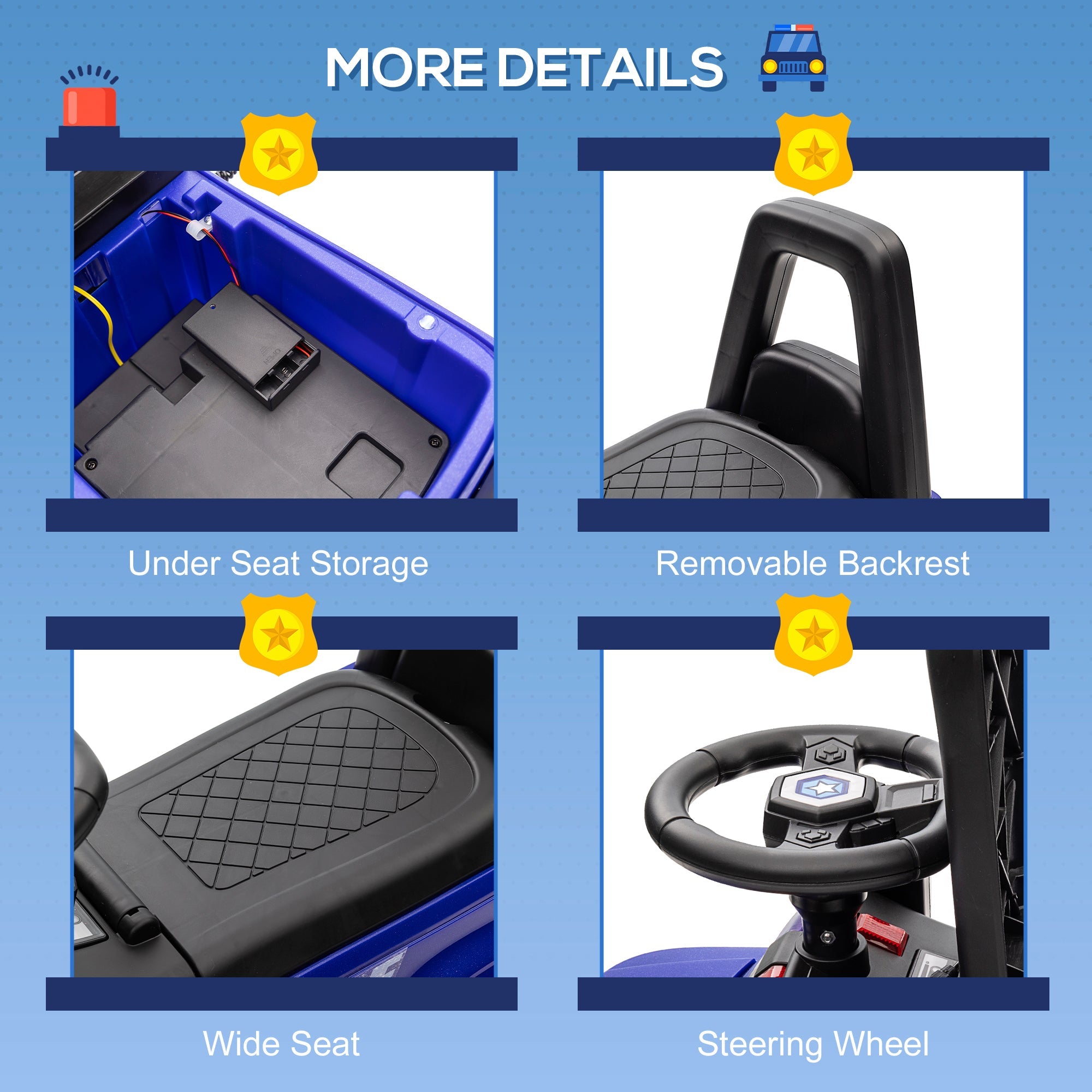 Aosom Kids Ride On Police Car Sliding Vehicle with Under Seat Storage Megaphone Anti-Tip Blue 