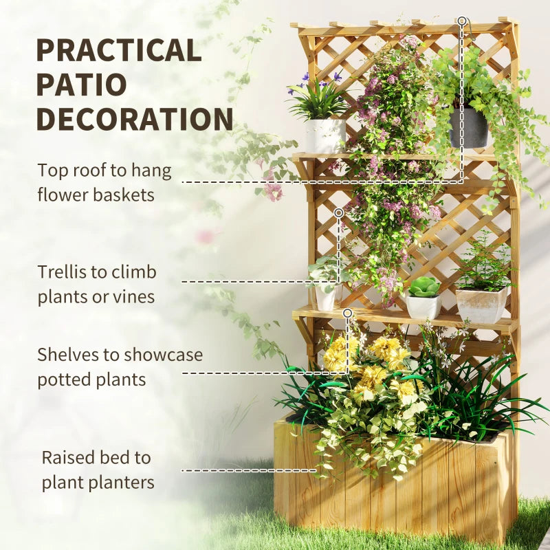 Raised Garden Bed, Wooden Planter with Trellis, Hanging Roof, Plant Shelf, Drainage Holes and Bed Liner, Nature Wood