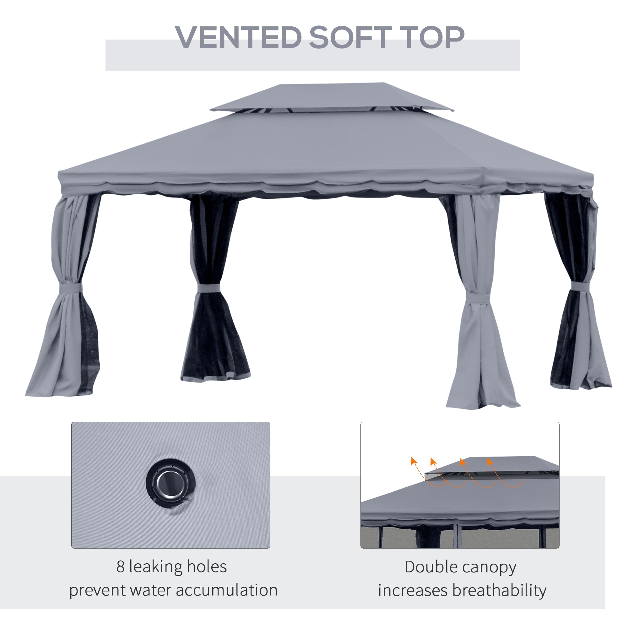 Outsunny Soft-top Gazebo 13x10ft Double Roof Canopy Vented Mesh Sidewall Aluminum Frame Dark Grey 
