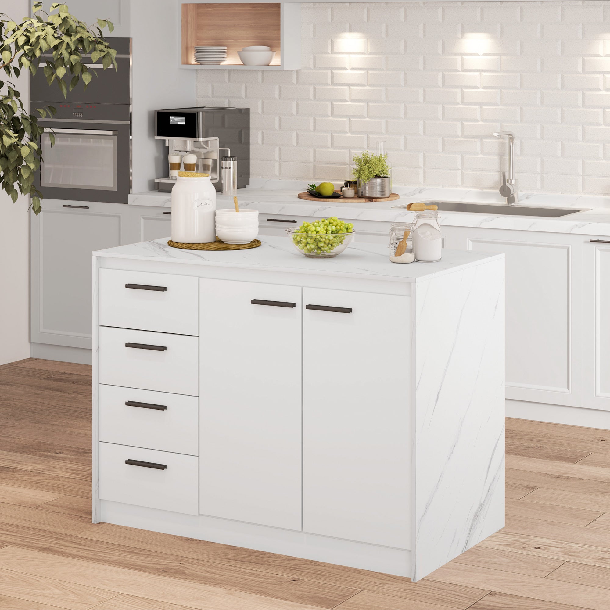 HOMCOM Kitchen Island with Storage Cabinet, 4 Drawers and Adjustable Shelf for Dining Room, Faux Marble Effect and White 