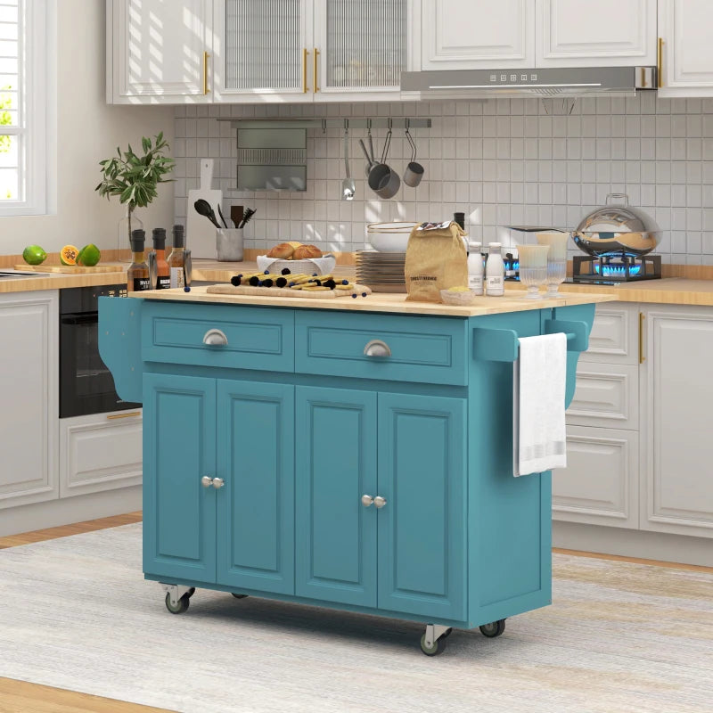 Kitchen Island with Storage, Rolling Kitchen Island with Drop Leaf, Rubber Wood Top and Adjustable Shelves, Light Blue