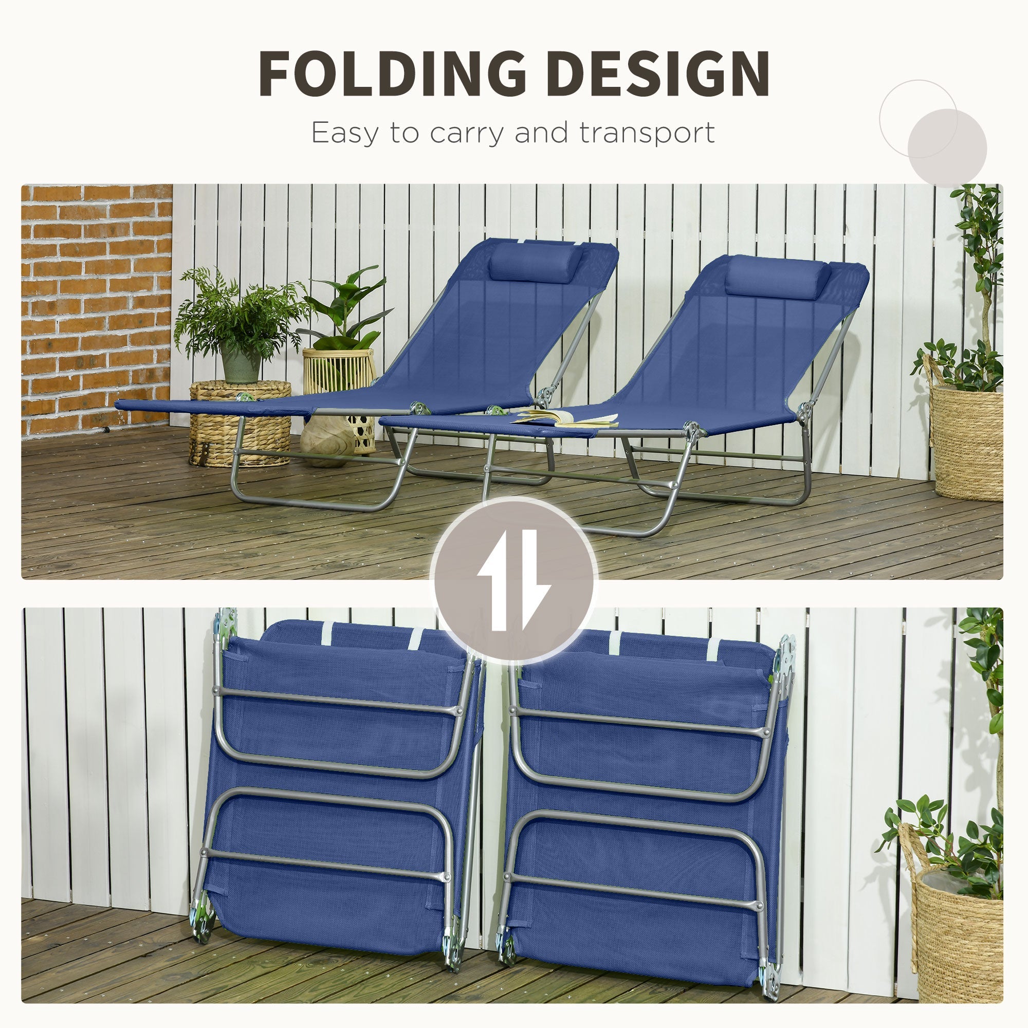 Outsunny Set of 2 Folding Chaise Lounge Chairs, Outdoor Poolside Sun Tanning Chairs w/ Pillow, Reclining Backrest, Dark Blue 