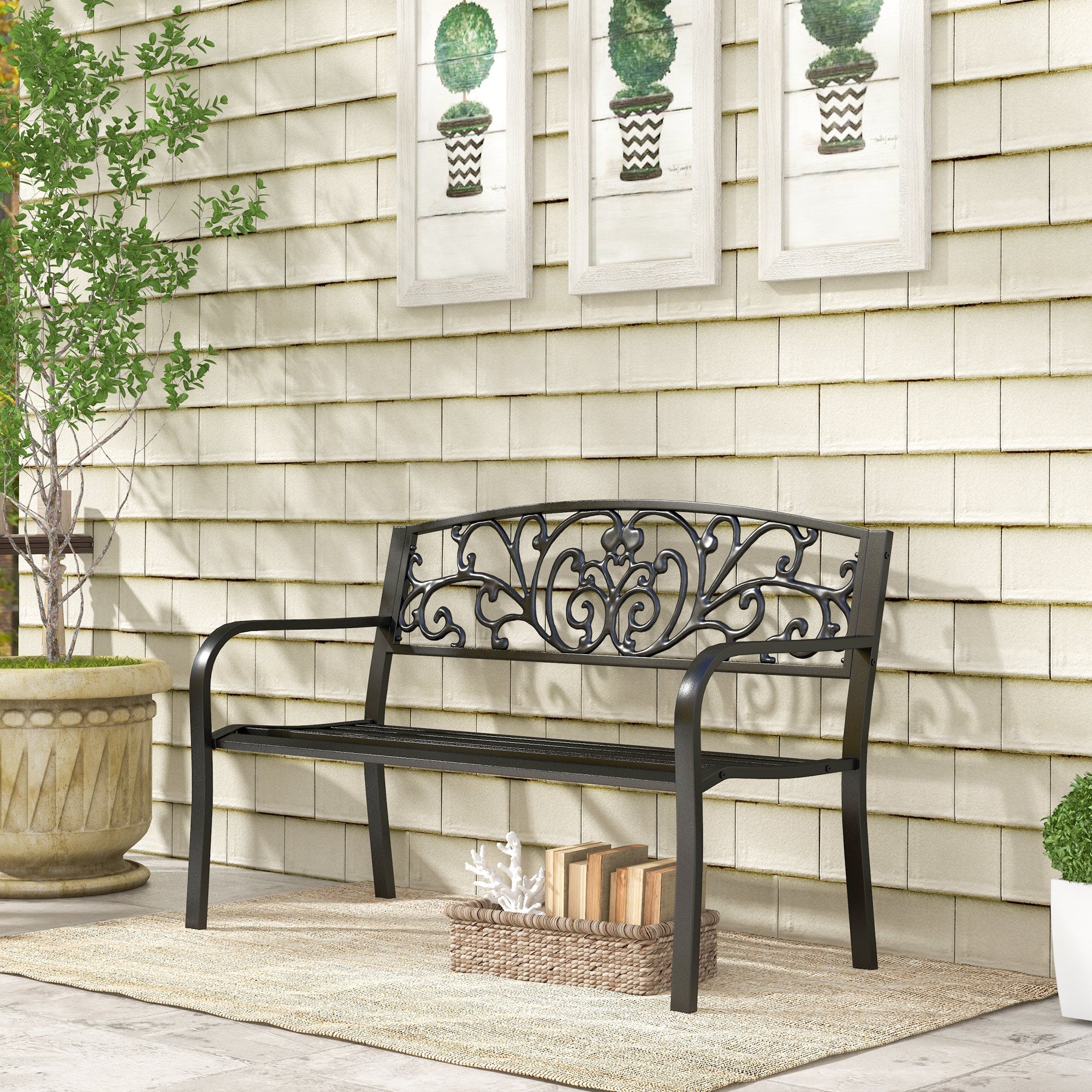 Outsunny Garden Bench 50" 2-Seater Outdoor Blossoming Pattern Loveseat Elegant Black 